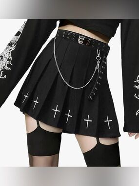 Black Pleated Mini Skirt with Cross Embroidery and Chain Detail